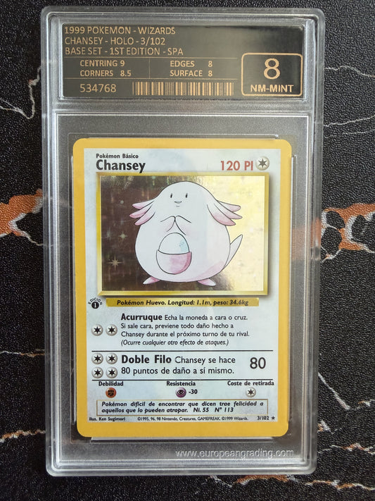 Chansey Base Set Holo 1ª Edición, Español, European Grading 8 - foto original sin procesar