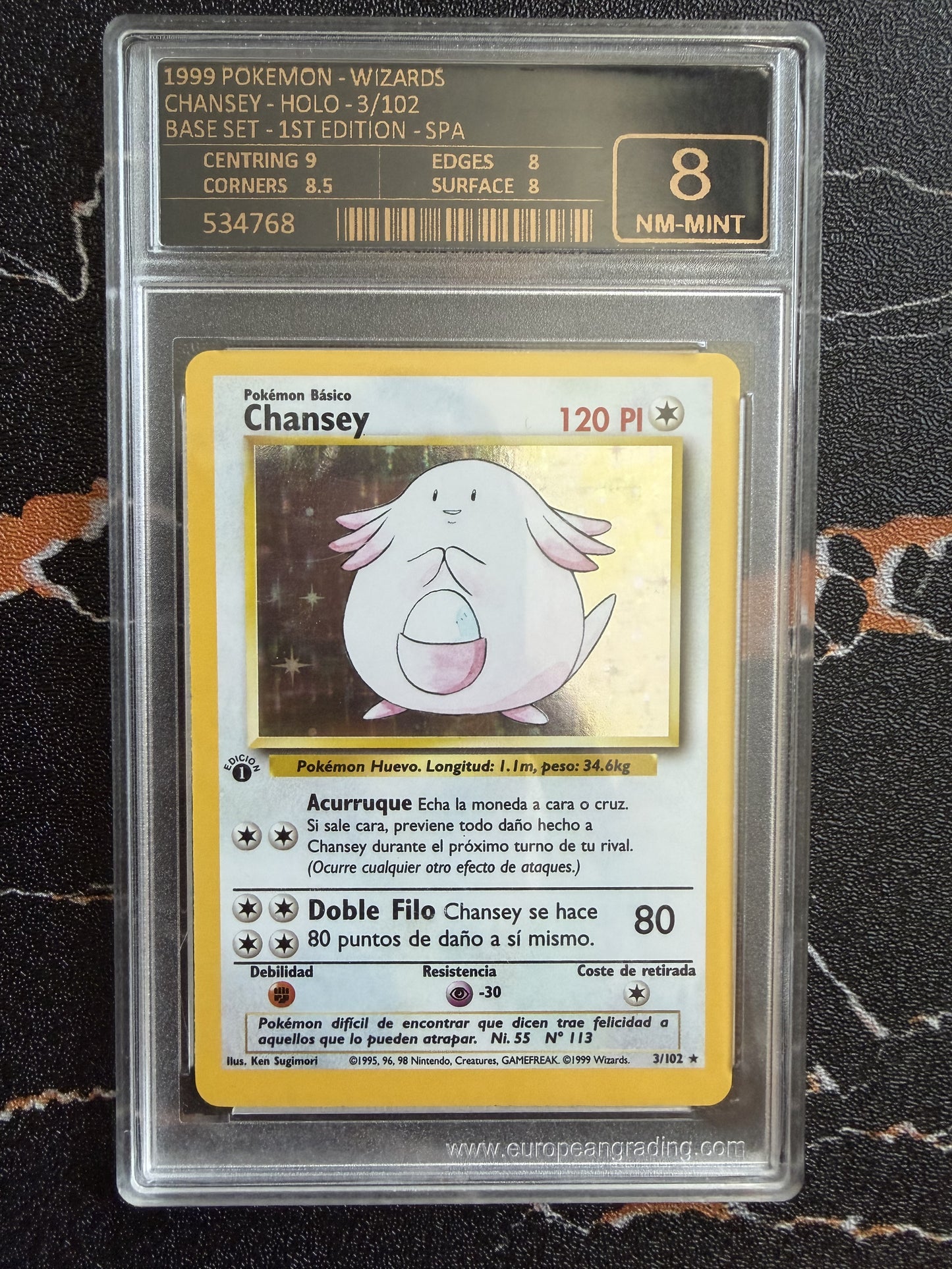 Chansey Base Set Holo 1ª Edición, Español, European Grading 8 - foto original sin procesar