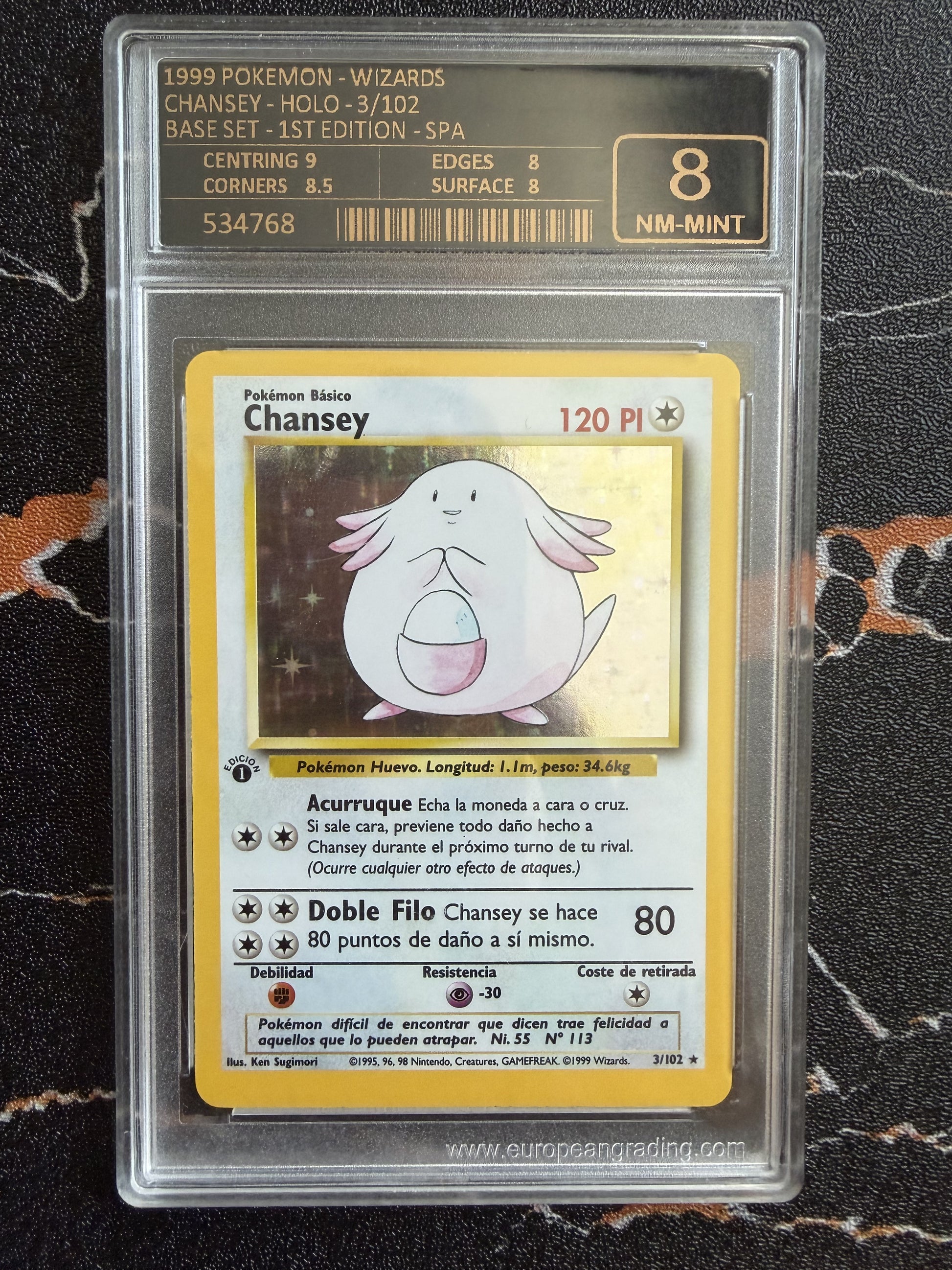 Chansey Base Set Holo 1ª Edición, Español, European Grading 8 - foto original sin procesar