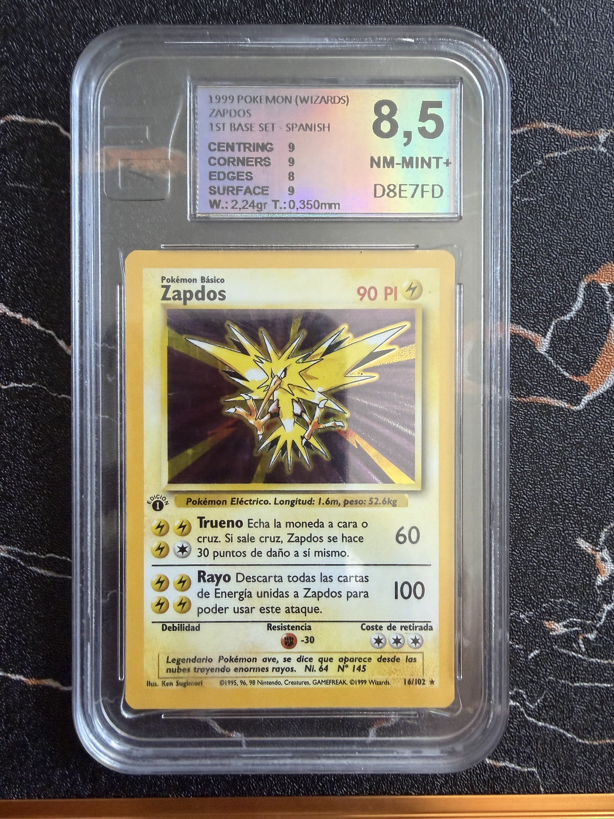 Zapdos Base Set Holo 1ª Edición, Español, European Grading 8,5 - foto original sin procesar
