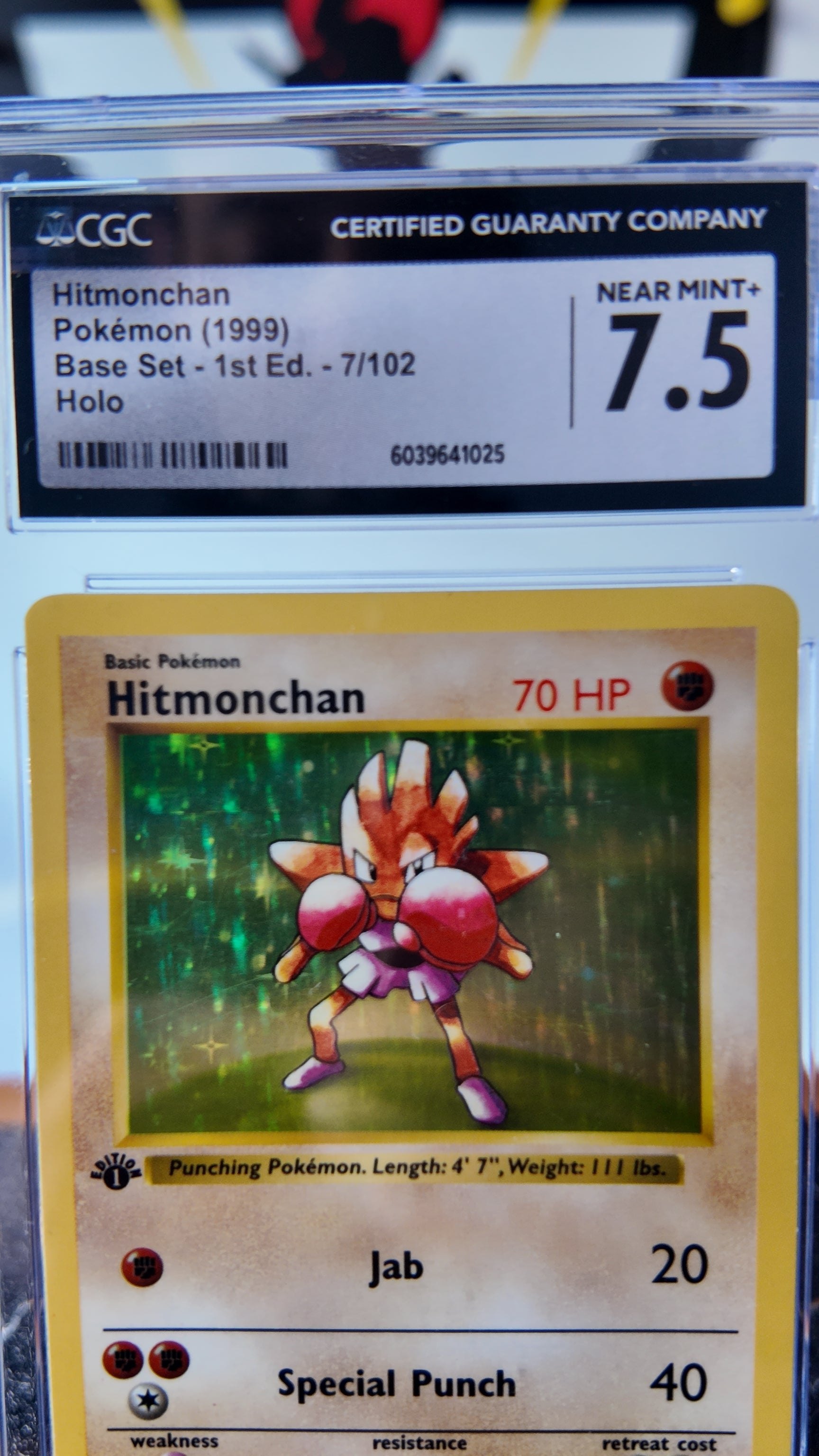 Hitmonchan base set , 1a edición , shadowless , CGC 7,5