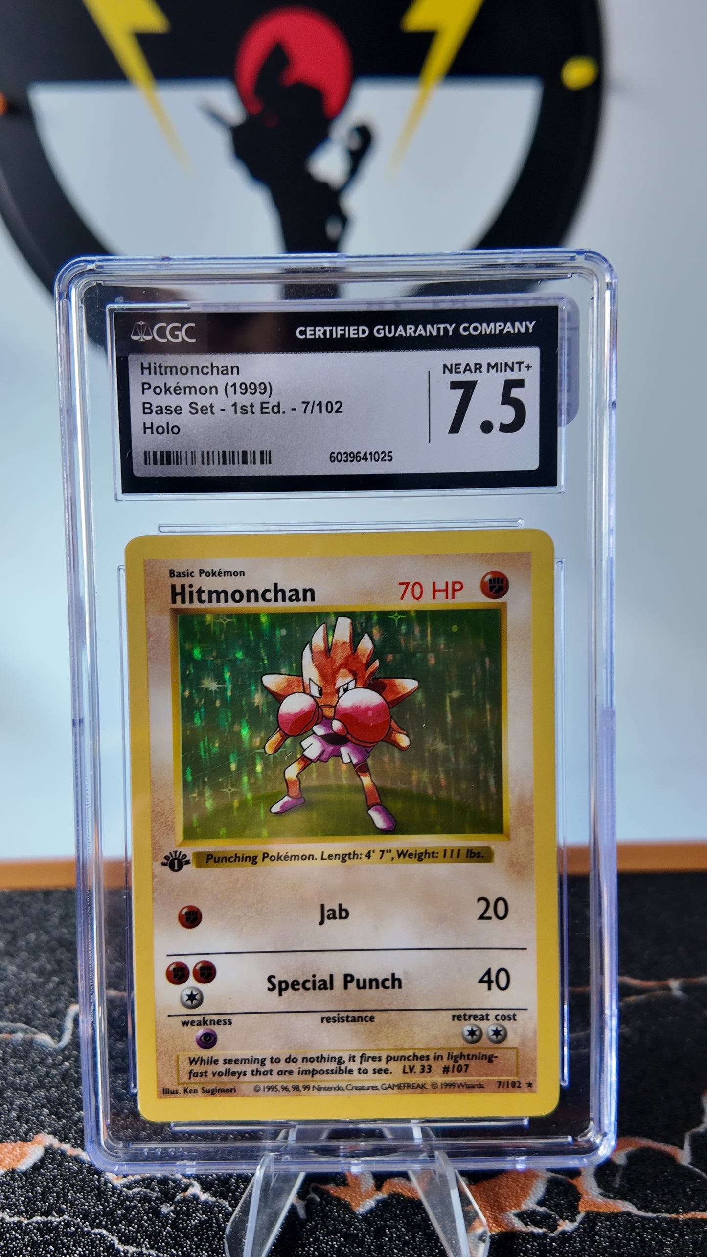 Hitmonchan base set , 1a edición , shadowless , CGC 7,5