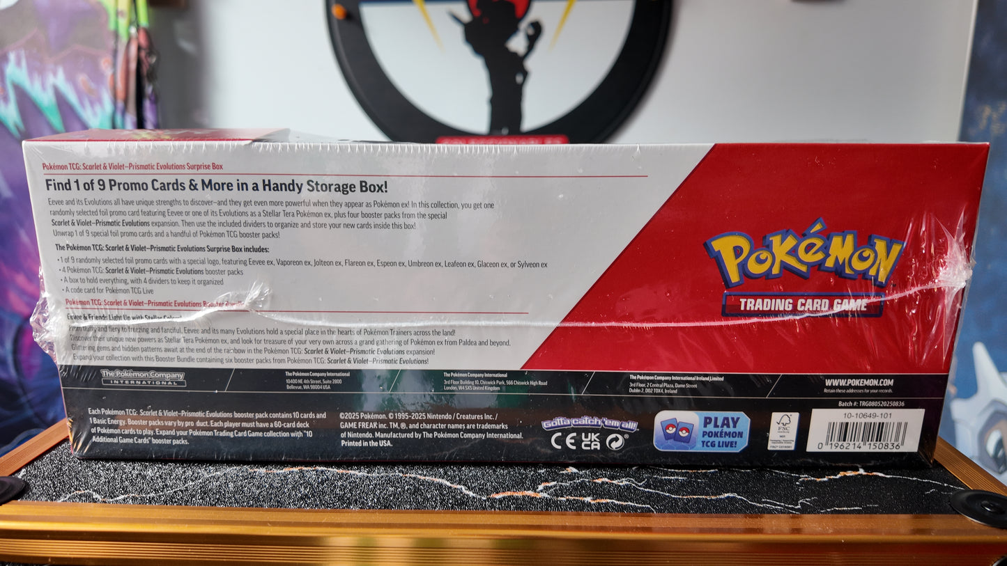 Caja combo exclusiva de venta en USA ,Surprise Box + Bundle Prismatic Evolutions( 10 sobres en total) , Ingles