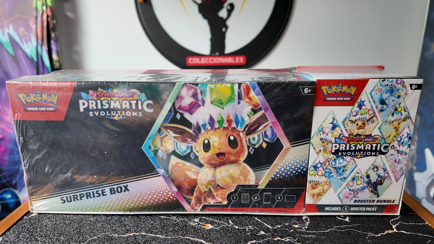 Caja combo exclusiva de venta en USA ,Surprise Box + Bundle Prismatic Evolutions( 10 sobres en total) , Ingles